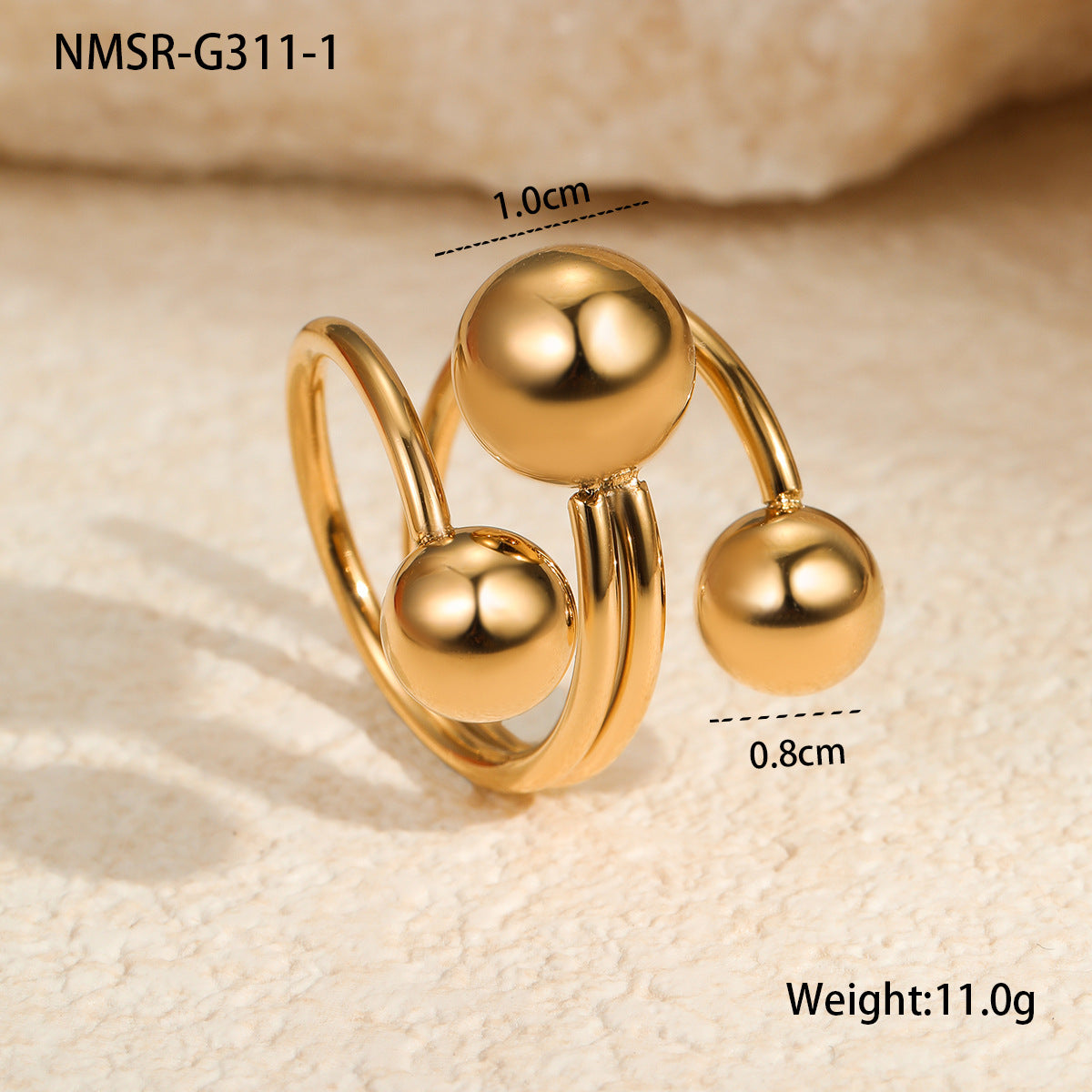 Anello aperto da donna minimalista geometrico regolabile impilabile a tre sfere in acciaio al titanio con finitura placcata