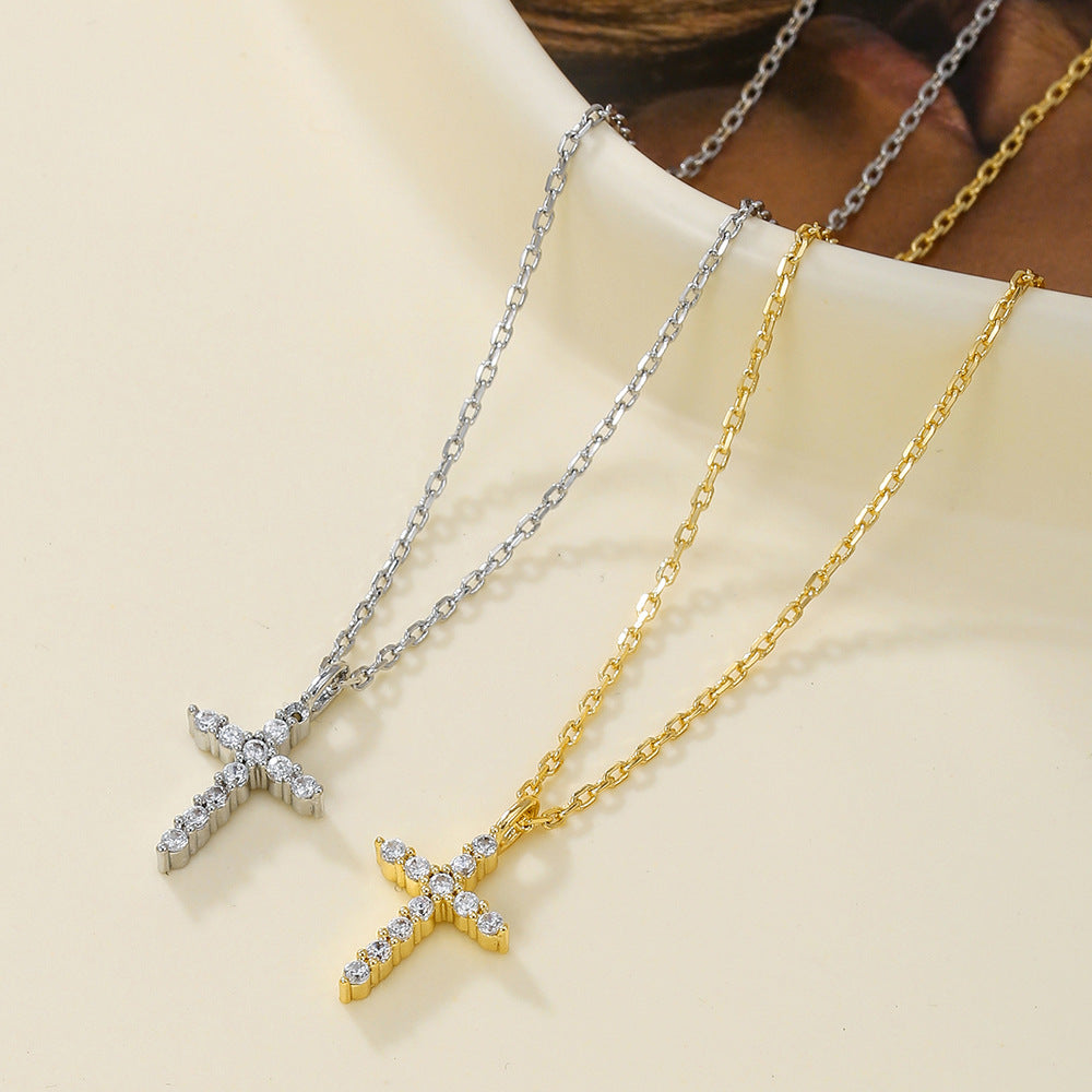 Fashion Commute Style Cross Pendant Necklace in Copper with Gold Plating and Zircon Inlay on O-Chain