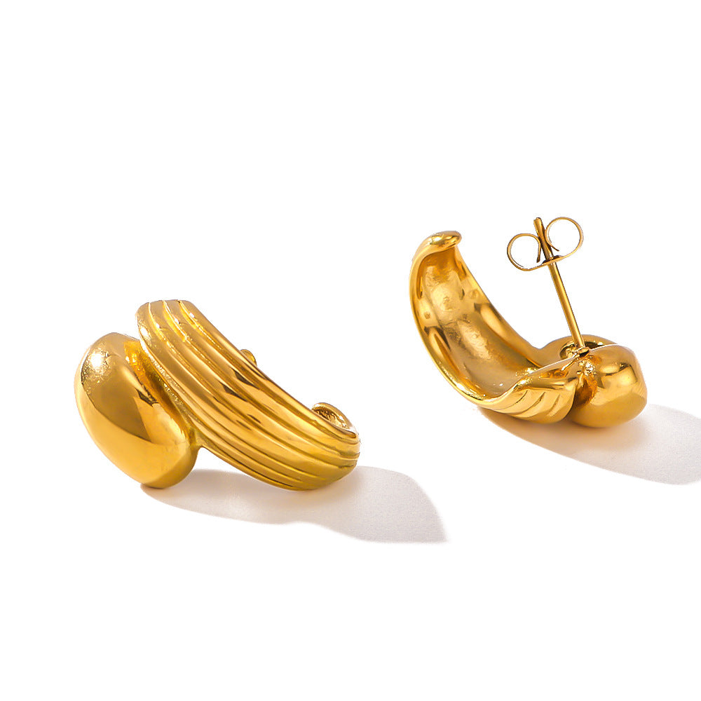 Vintage Geometric C-Shaped Threaded Earrings in 316 Stainless Steel with 18K Vacuum Plating for Women