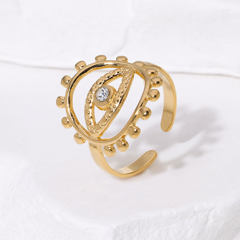 Anello Aperto Geometrico Minimalista da Donna in Acciaio Inossidabile con Placcatura in Oro 18 carati e Occhio di Allah con Strass