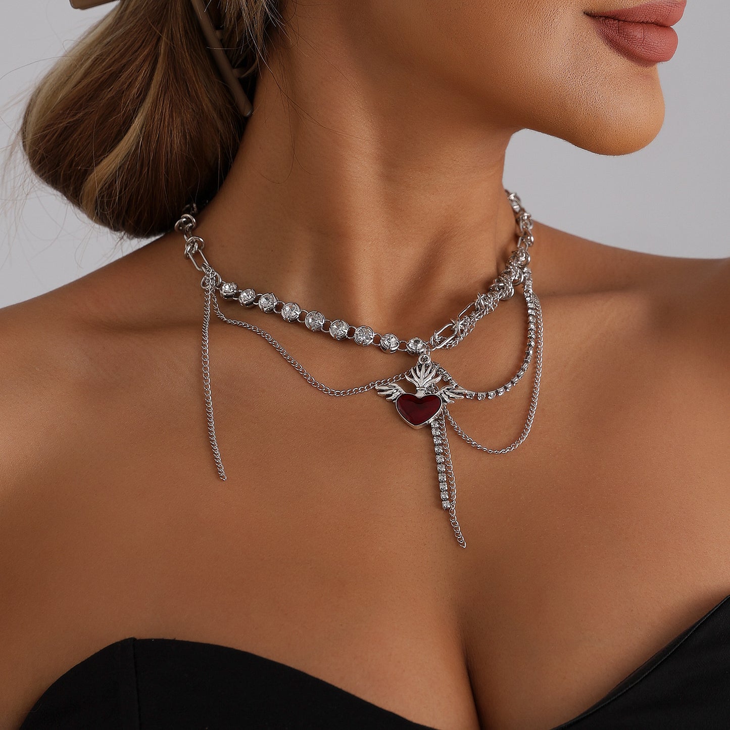 Red Heart Wing Geometric Rhinestone Alloy Necklace for Women