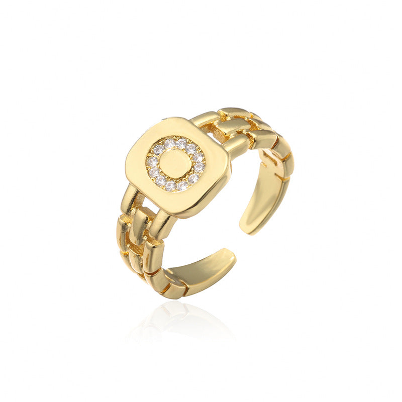 Minimalist Letter Shape Copper Ring with Micro-Pavé Setting Adjustable Geometric Band