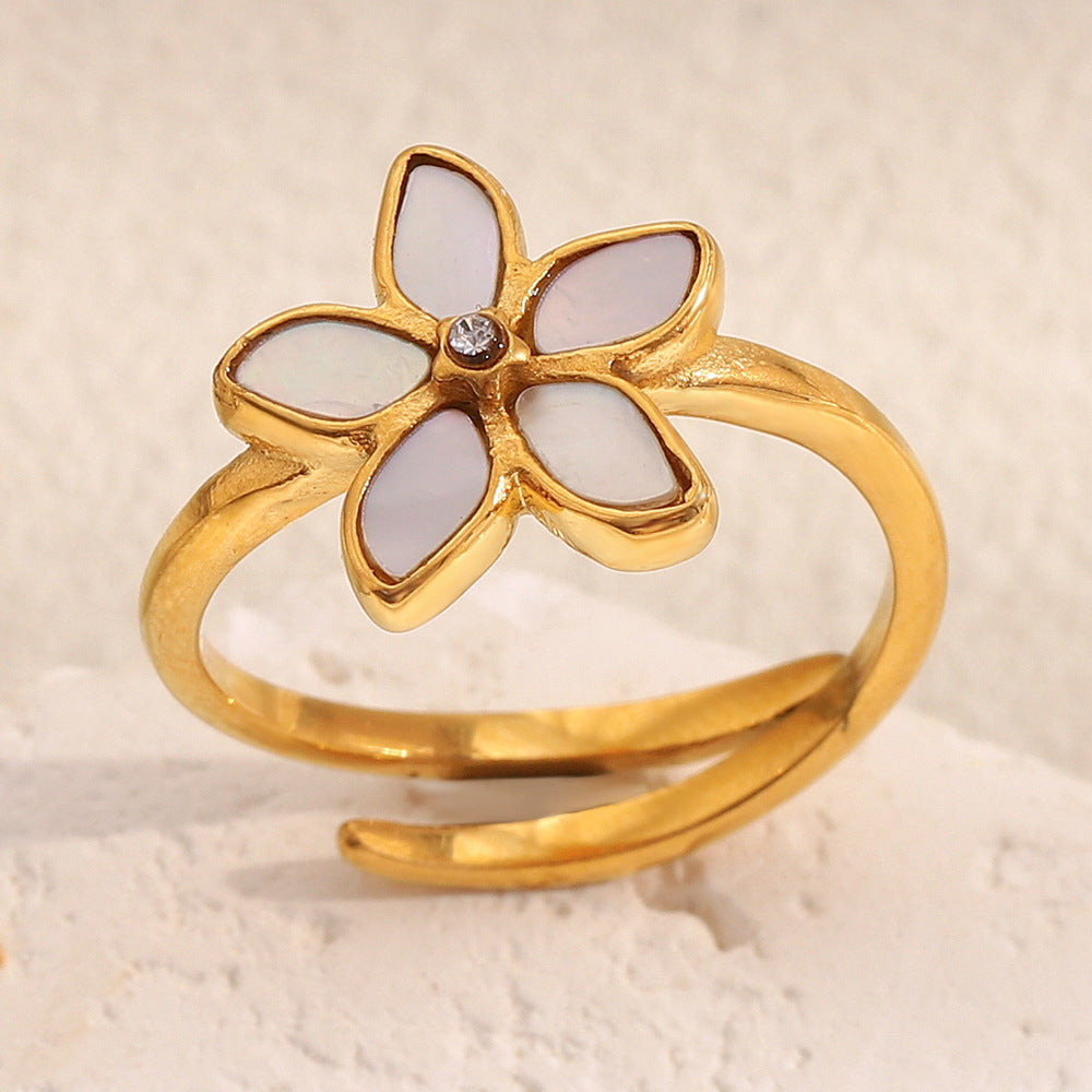 Anello da donna aperto minimalista geometrico floreale in acciaio inossidabile placcato oro bianco 18 carati