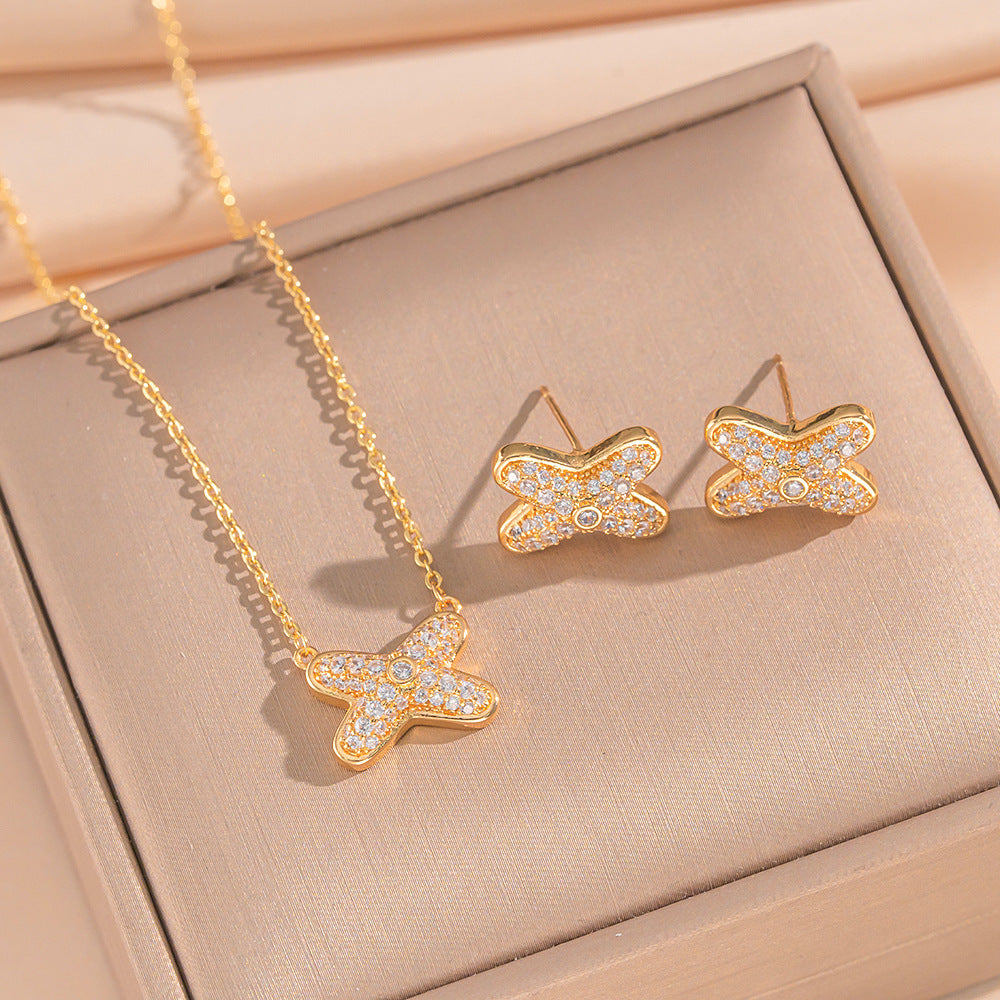 Minimalist Cross Pendant Necklace Set for Women Titanium Steel with Rhinestone Inlay and Gold Plating Snake Chain