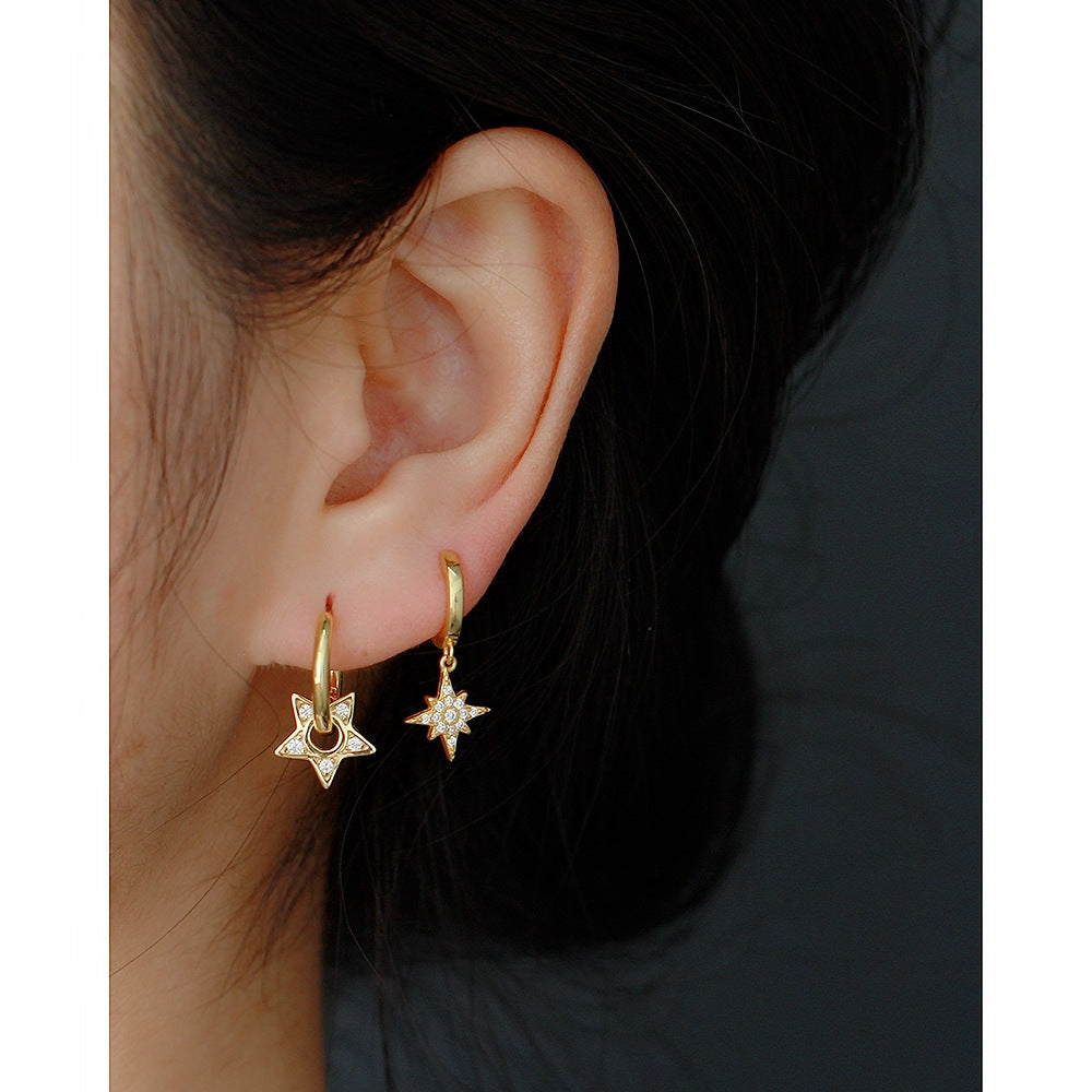 Streetwear 925 Sterling Silver Star Inlay Diamond Hoop Earrings Geometric Design