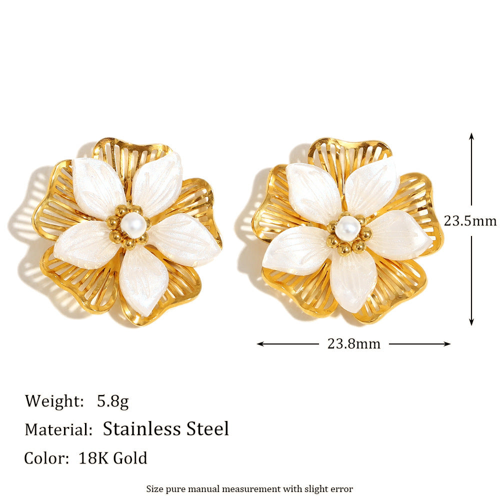 Fashionable Star-Shaped Stainless Steel Earrings with 18K Gold Plating Enamel Shell Pearl and Floral Accents