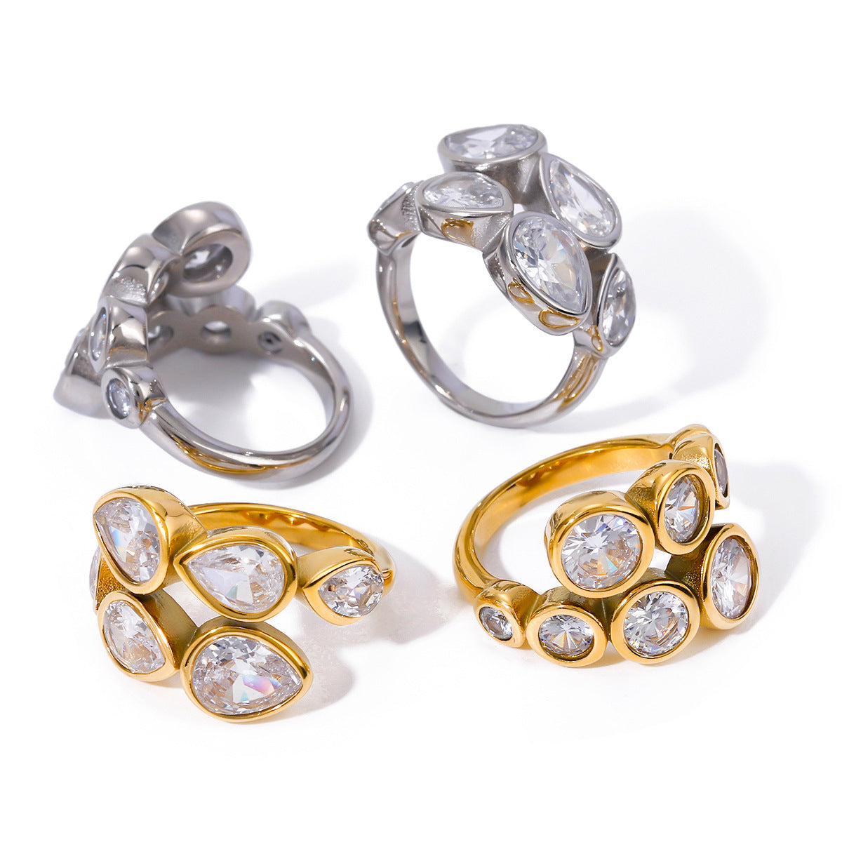 Anello Aperto Rotondo Irregolare in Zircone in Acciaio Inossidabile Placcato Oro 18K Unisex alla Moda