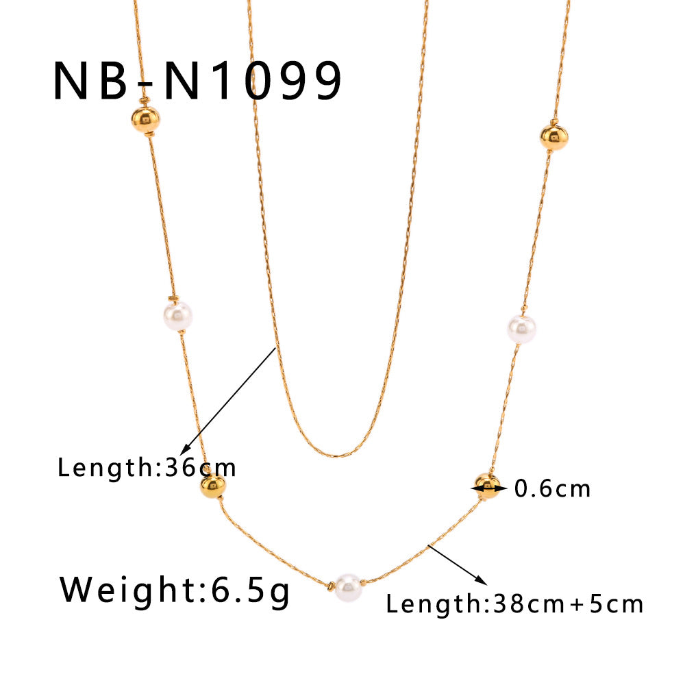 Minimalist Double-Layer Pearl Ball Necklace in Titanium Steel with 18K Gold Plating for Women