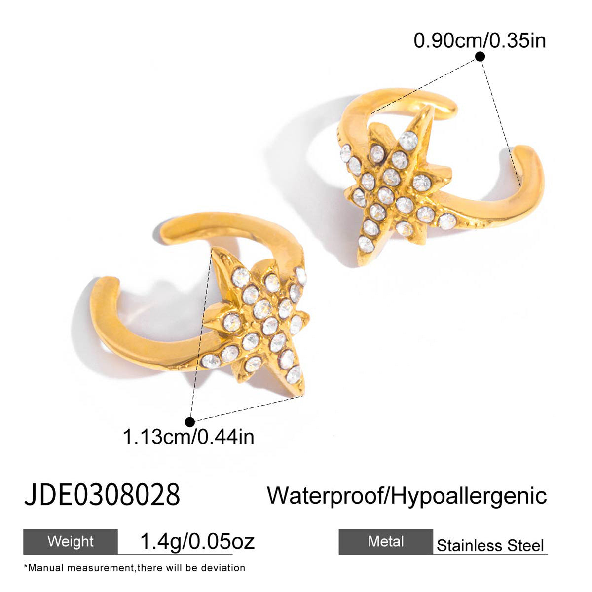 Orecchini a clip ipoallergenici in acciaio inossidabile a forma di stella a otto punte con intarsio di zirconi, design di lusso elettroplaccato per donna