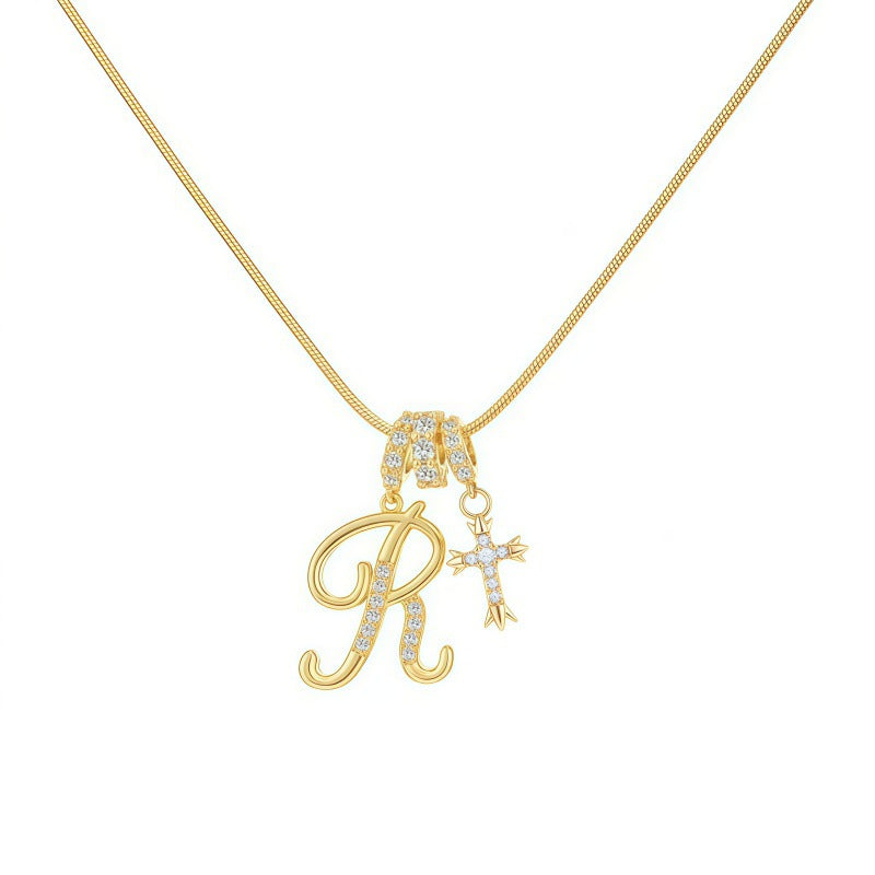 Sweet 22K Gold Plated Letter Titanium Steel Pendant Brass Cable Chain Necklace Unisex