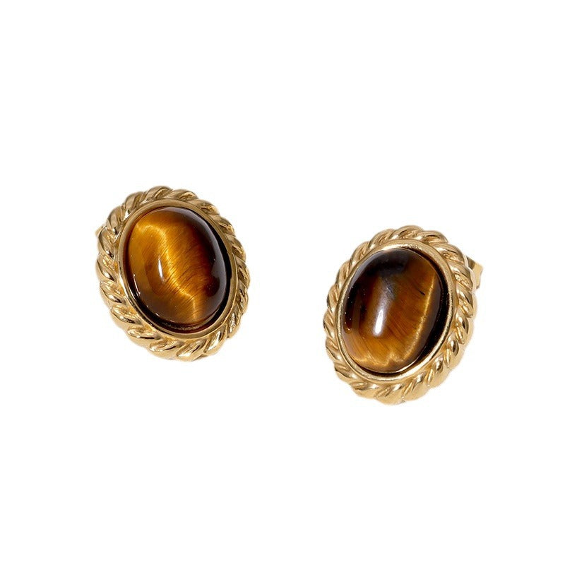 French Vintage Style Oval Geometric Stainless Steel Stud Earrings for Women with Plated Finish