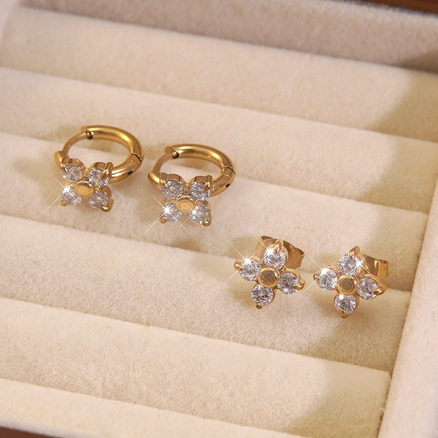 Minimalist Luxury Floral Stainless Steel Gold Plated Cubic Zirconia Stud Earrings for Women
