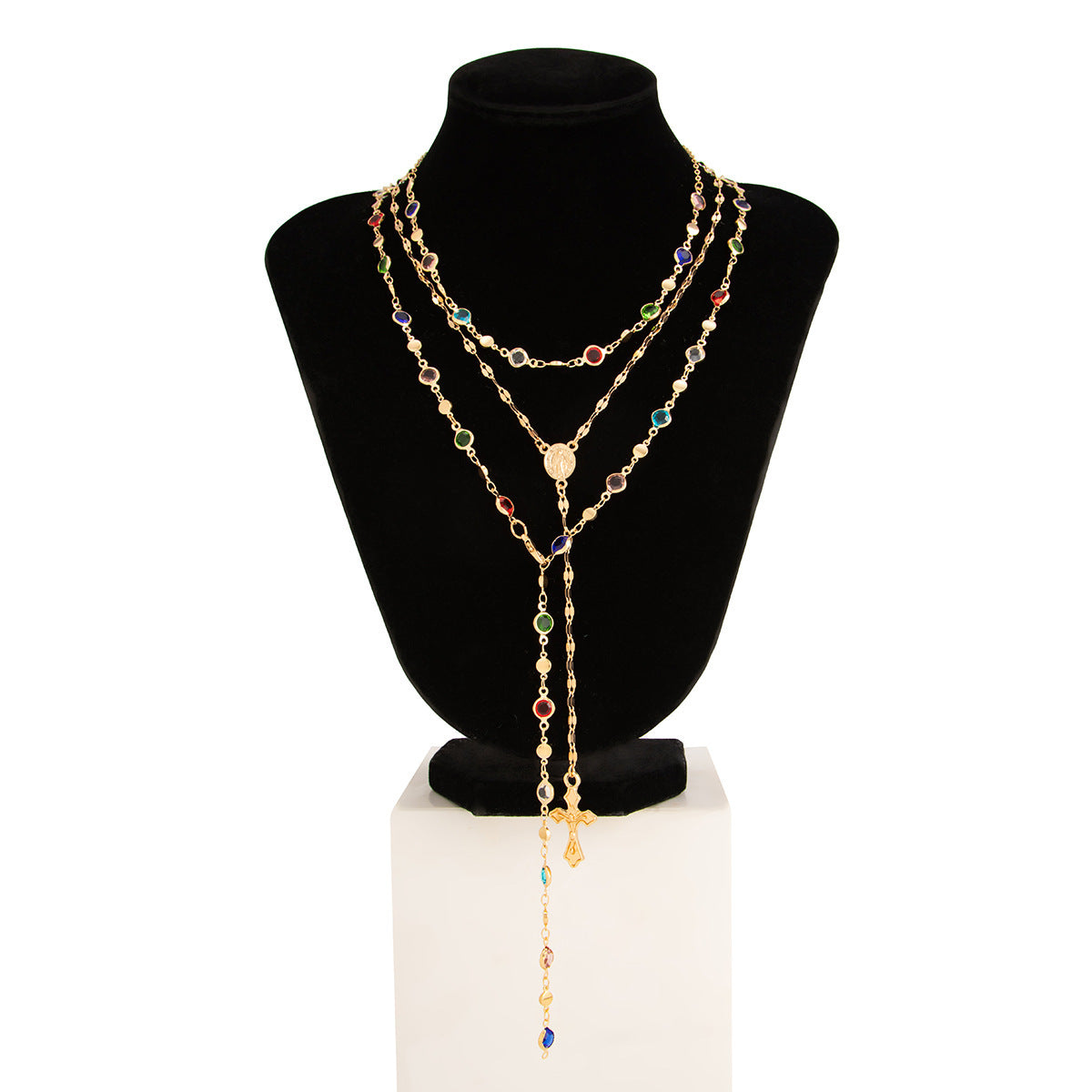 Collar casual chapado en aleación con diseño floral geométrico de corazón y cruz, con incrustaciones de cristal y estrás para mujer