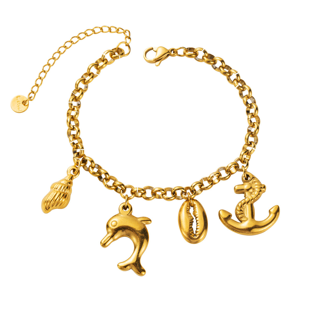 Pulsera geométrica vintage de acero de titanio para mujer con colgante de estrella de mar y concha marina, galvanizada para un color duradero