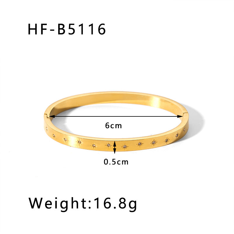Vintage-Inspired Titanium Steel Cuff Bracelet with Zircon Inlay, Asymmetrical Design, Vacuum-Plated 18K Gold Finish for Women