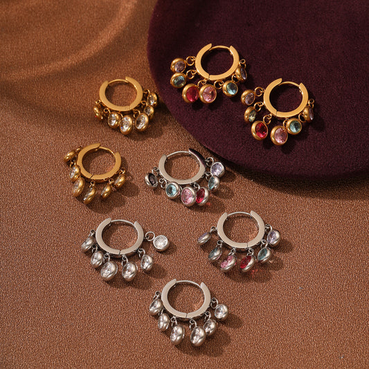 Fashionable Minimalist Round Geometric Stainless Steel Earrings with 18K Vacuum Gold Plating and Rhinestone Inlay for Women