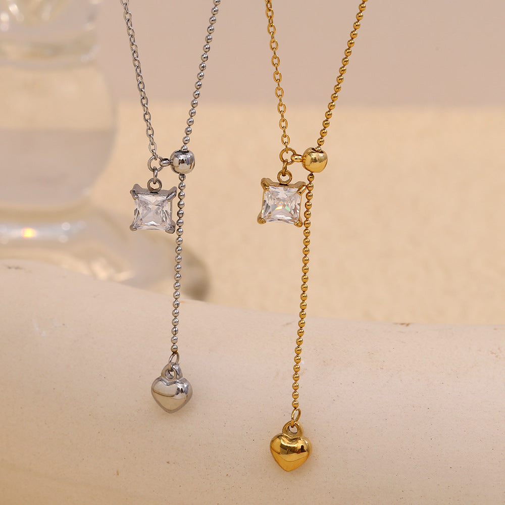 Minimalist Square Pendant Necklace with Stainless Steel Chain, 18K Gold Plated Titanium Steel Heart Charm, Zircon Inlay, and Fringe Detail for Women
