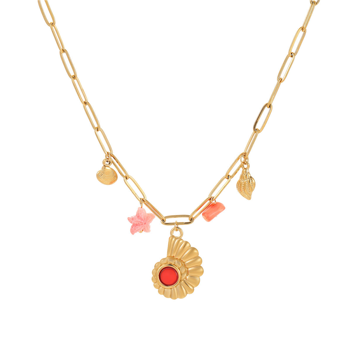 Collar moderno con temática oceánica con colgante de concha y estrella de mar, diseño geométrico, acero inoxidable, galvanizado, joyería de verano para mujer