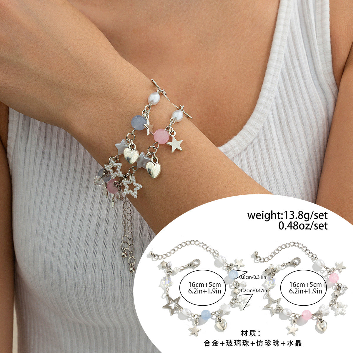 Sweet Minimalist Zinc Alloy Plated Heart Star Geometric Tassel Bracelet Set for Women