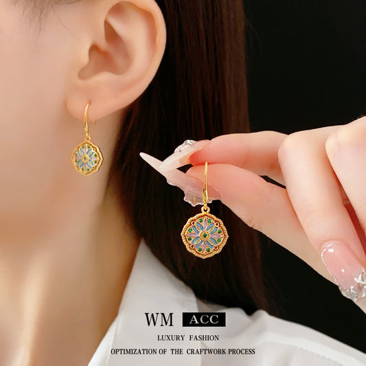 Vintage Chic Floral and Geometric Earrings in Copper with Zircon Inlay and Enamel Finish for Women