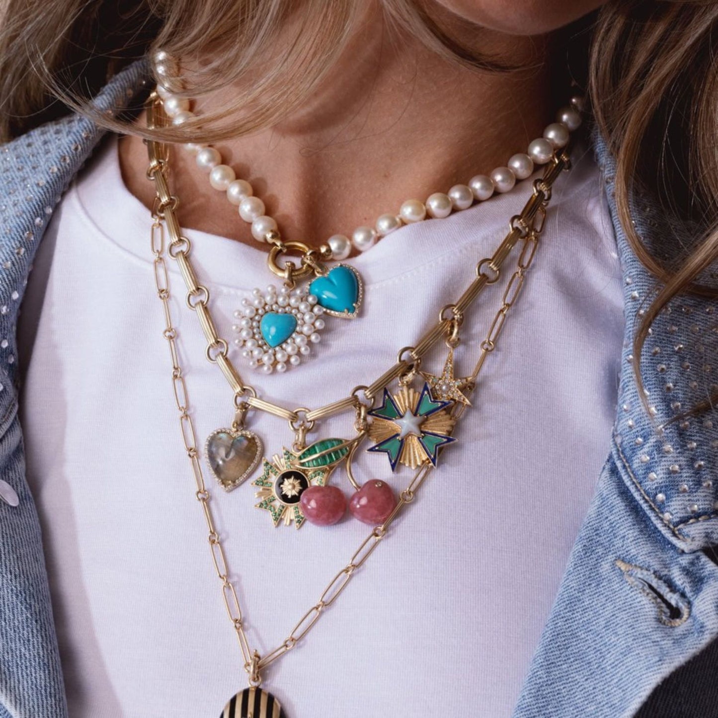 Vintage Geometric Brass Plated Gemstone Fruit Pendant Necklace
