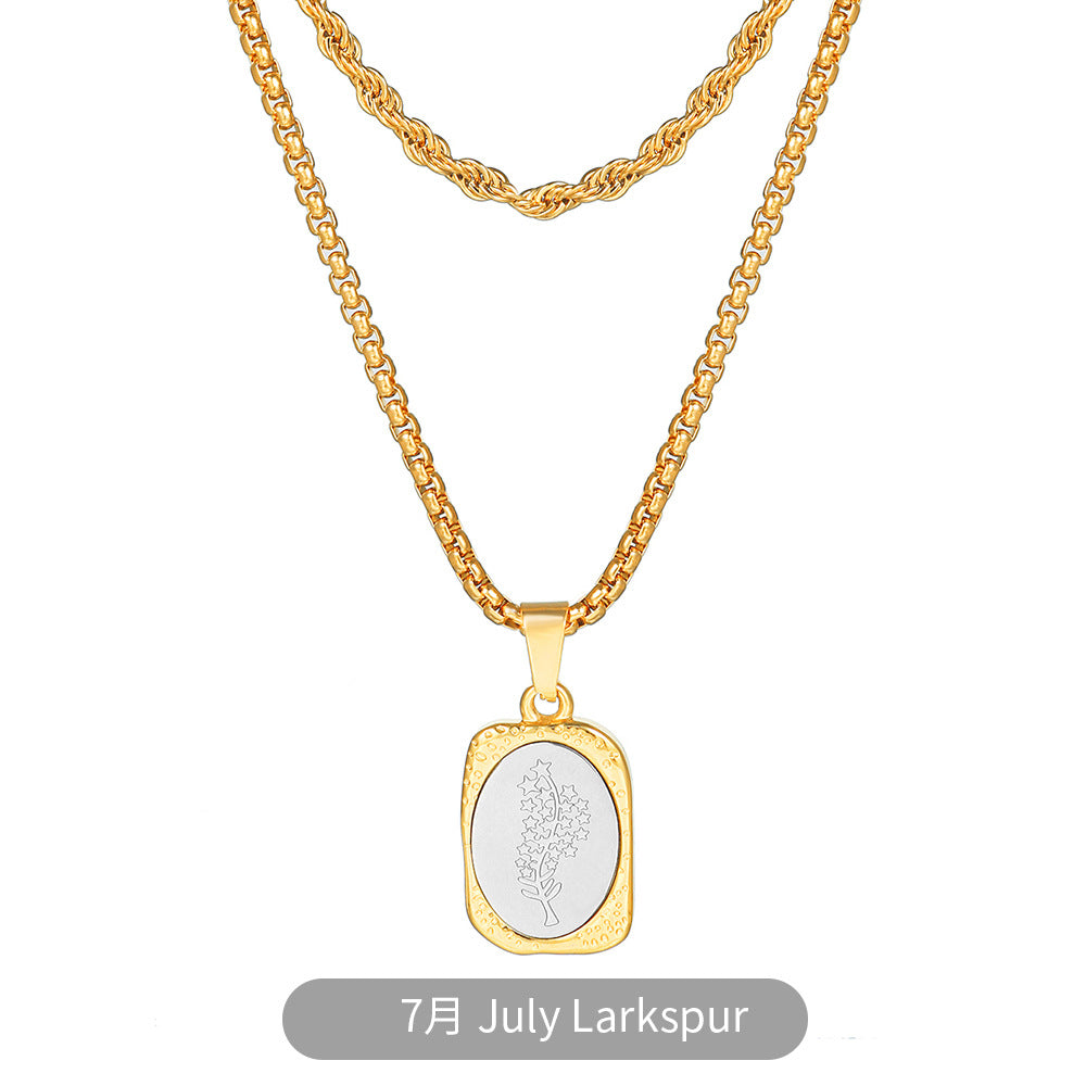 Vintage Two-Tone Gold and Silver Plated Stainless Steel Square Rose Pendant Necklace with Box Chain for Women