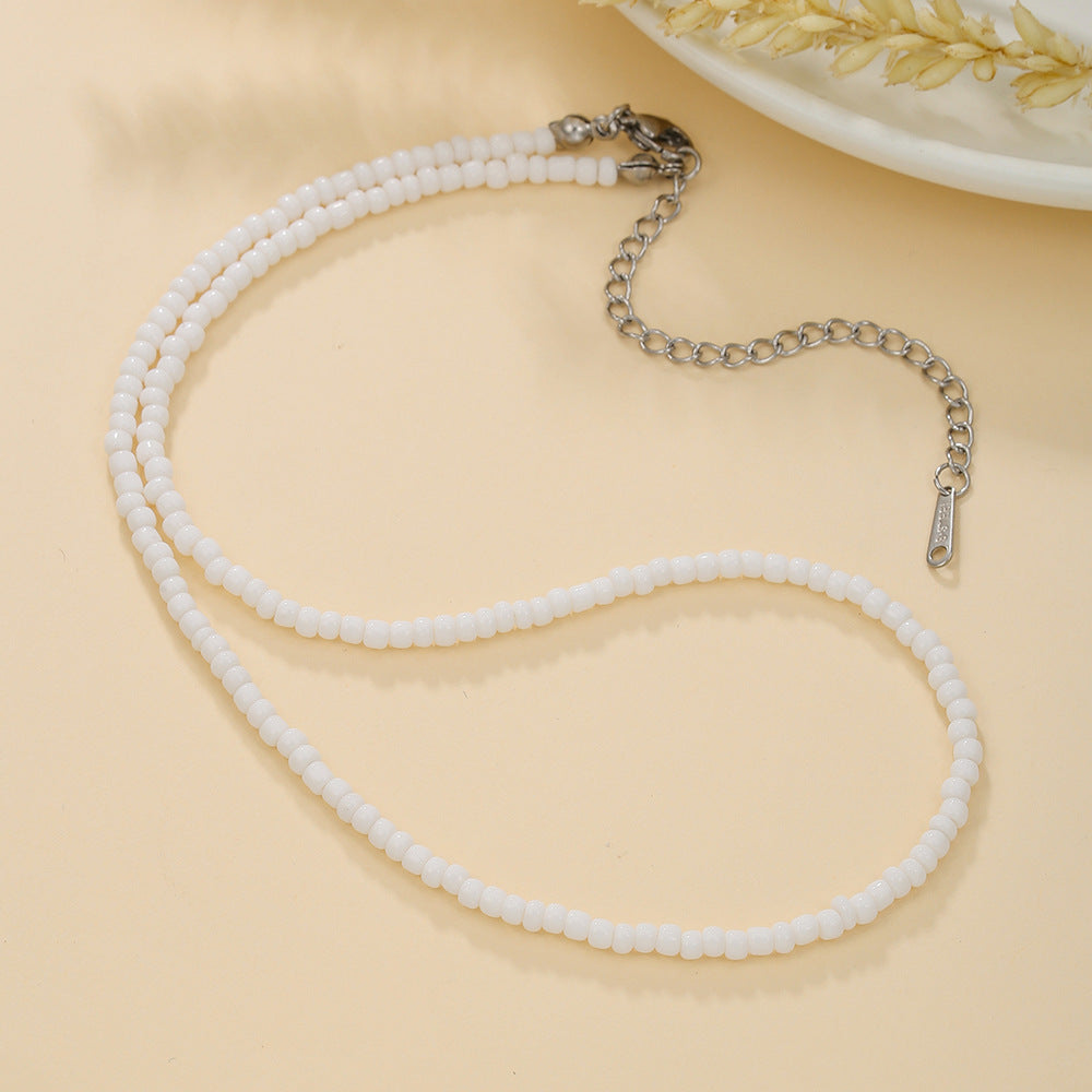 Bohemian Casual Geometric Round Glass Bead Stainless Steel Ball Chain Necklace for Women
