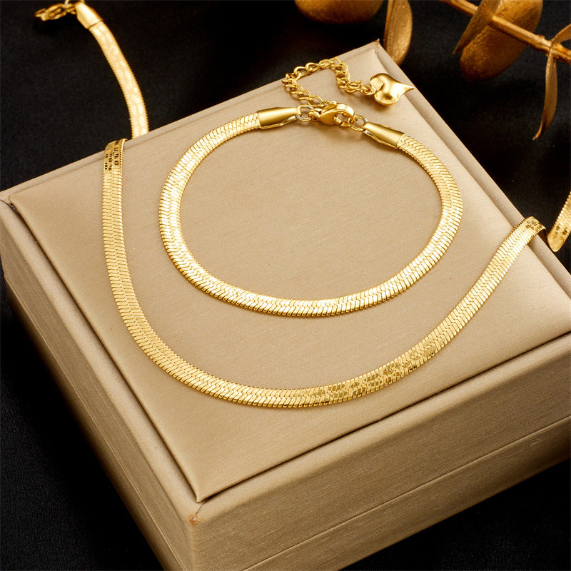 Minimalist Fashion Titanium Steel Gold-Plated Snake Chain Choker and Bracelet Set with Woven Pattern