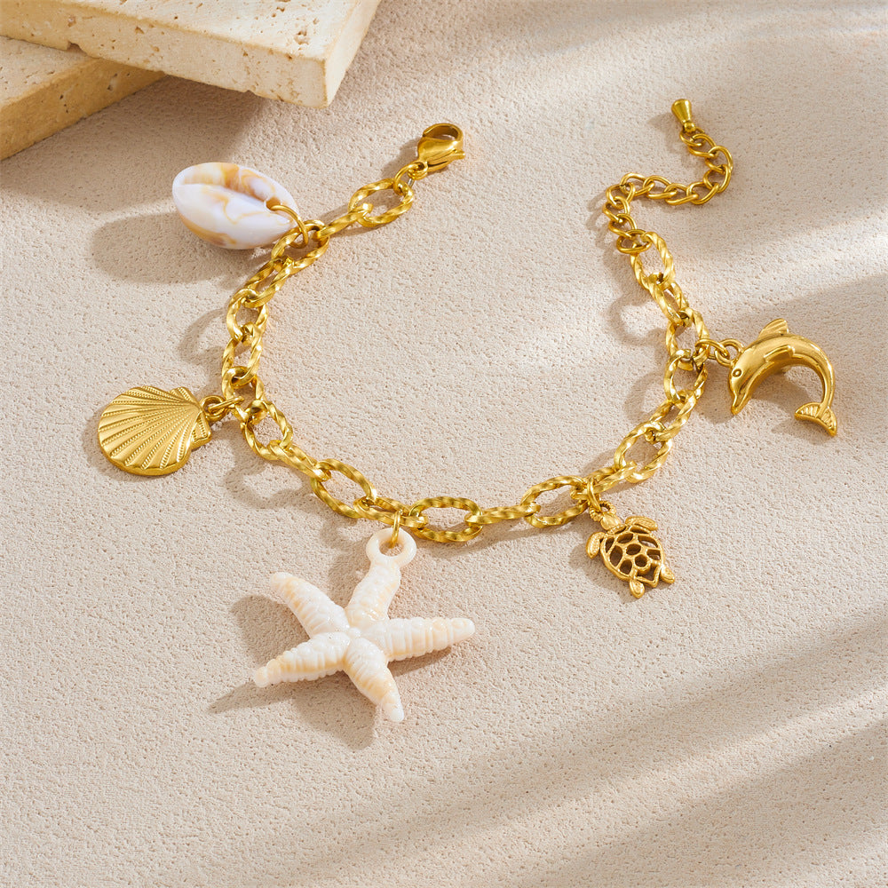Fashion Elegant Animal Stainless Steel Plated Bracelet with Starfish Shell Turtle Dolphin Charms