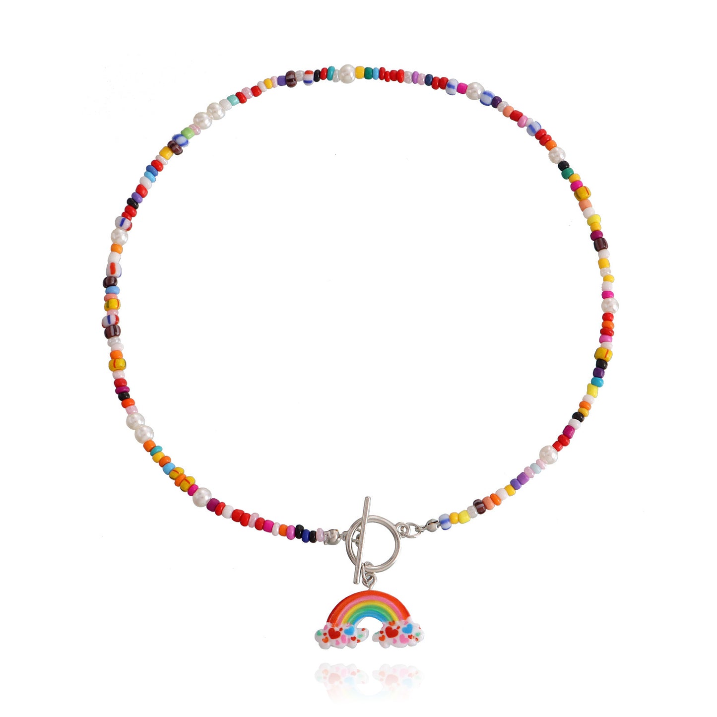 Bohemian Rainbow Beaded Geometric Pendant Necklace for Women with Gold-Plated Alloy and OT Clasp