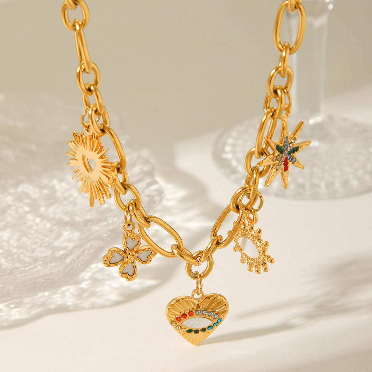 Collar con colgante de ojo turco estilo Y2K para mujer, acero inoxidable con incrustaciones de diamantes de imitación, cadena cruzada, diseño geométrico