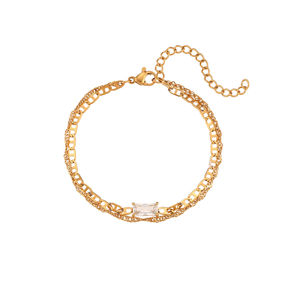 Pulsera de doble capa de lujo minimalista con diseño de nariz de cerdo y olas en acero inoxidable con chapado en oro de 18 quilates y acentos de circonita rectangular