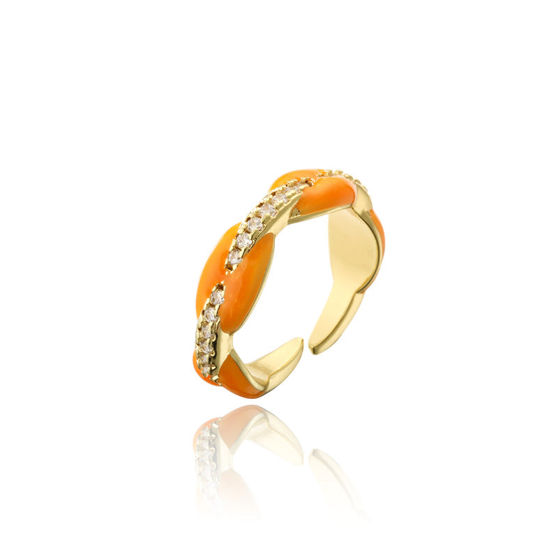 Elegant 18K Gold Plated Geometric Brass Ring with Colorful Drip Oil and Micro-inlaid Cubic Zirconia