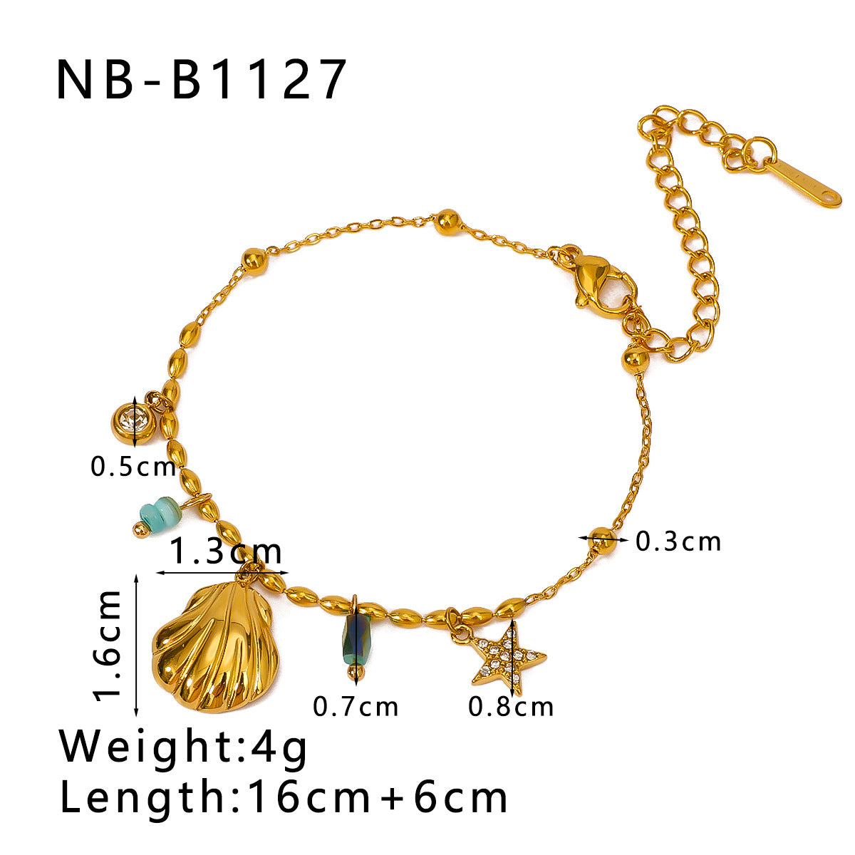 Pulsera geométrica minimalista de acero inoxidable con baño de oro de 18 K para mujer, con dijes de vieira y estrella de mar y detalles de perlas