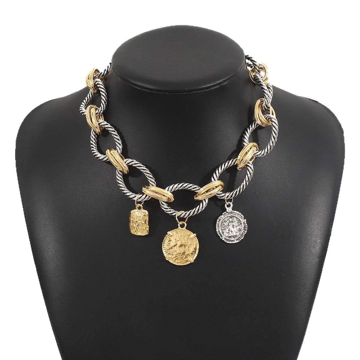Collar de clavícula con colgante de moneda de aleación chapada de estilo geométrico con cadena retorcida