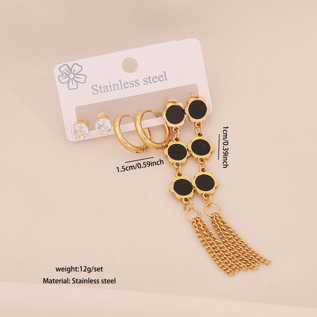 Fashionable OL Style Heart-Shaped Titanium Steel Earrings Set with Electroplated Finish and Floral Six-Petal Flower Design for Women