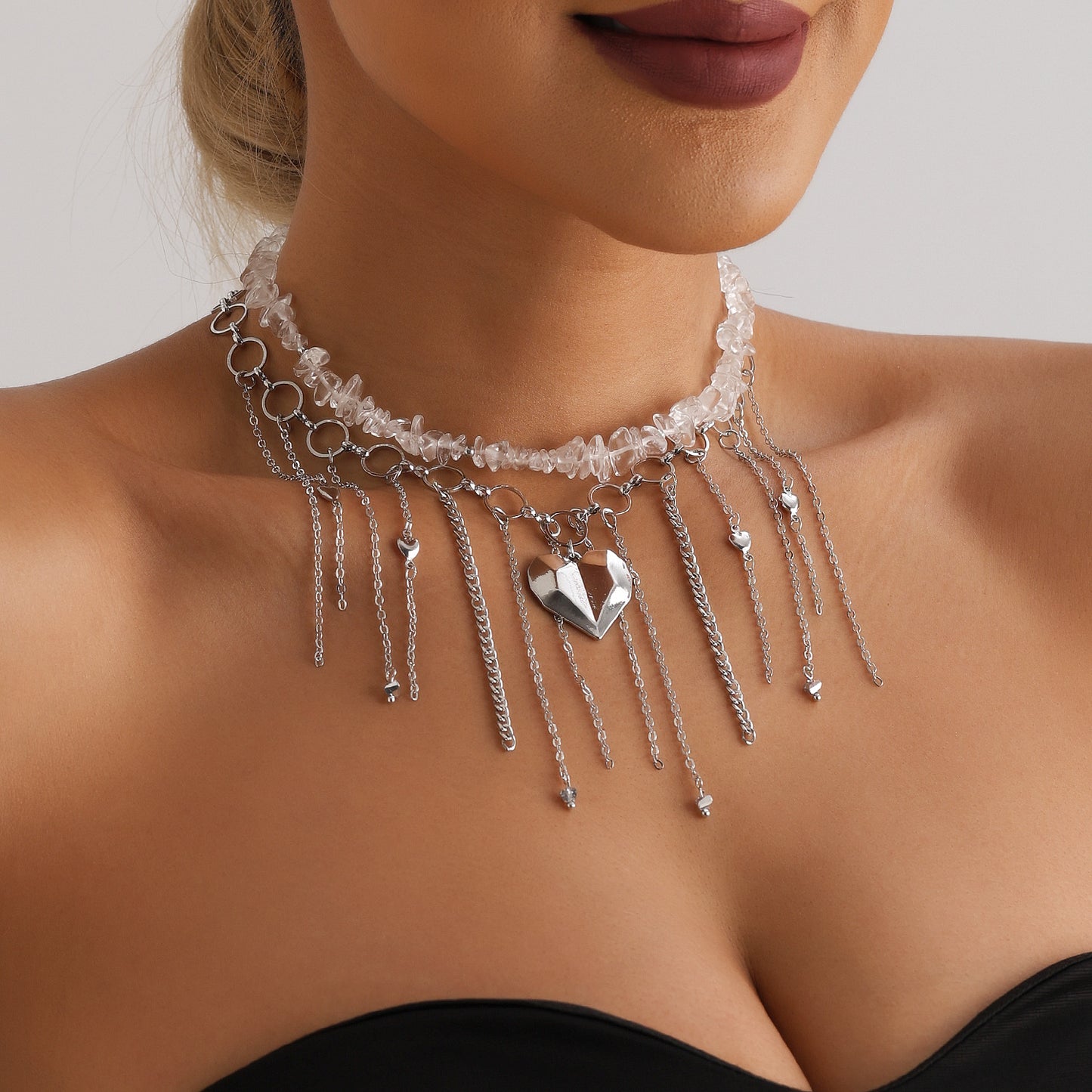 Sweet and Edgy Heart-Shaped Geometric Pendant Necklace in Alloy with Plated Finish for Women