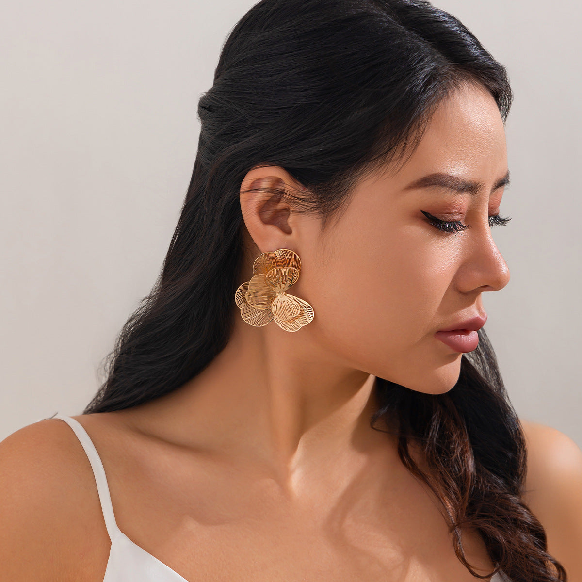 Elegant Plated Brass Floral Ginkgo Leaf Stud Earrings for Women