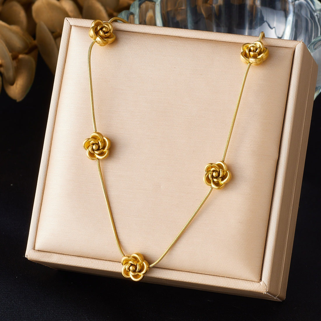 Minimalist Gold Plated Stainless Steel Floral Camellia Necklace Snake Chain