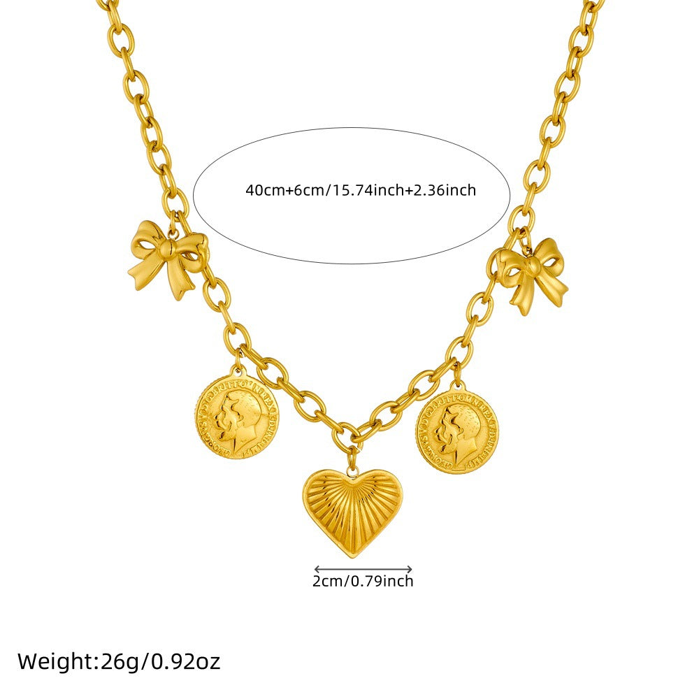 Vintage Style Heart and Bow Pendant Necklace in Stainless Steel with Gold Plating on O-Chain