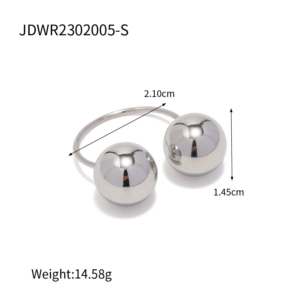 Ins Style Geometric Stainless Steel Plated Double Ball Open Ring for Women