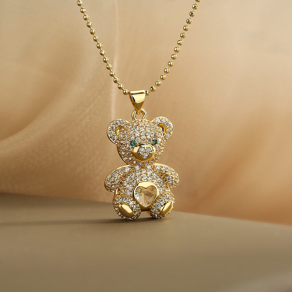 Collana Pendente Minimalista a Forma di Orso in Rame Placcato Oro 18K con Dettagli in Zircone per Donne