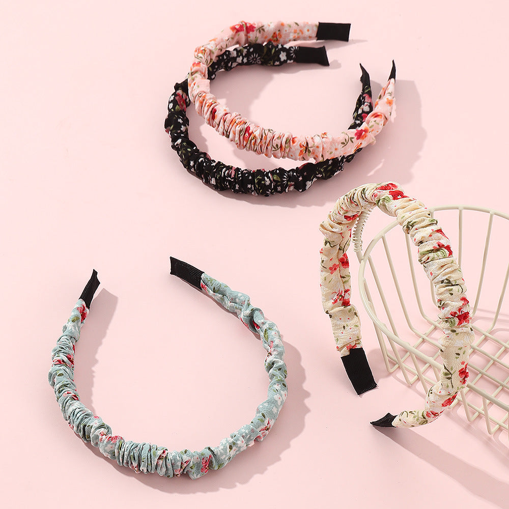 Retro Floral Ruffled Wide-Band Fabric Headband for Girls Summer Minimalist Forest Style Hair Accessory