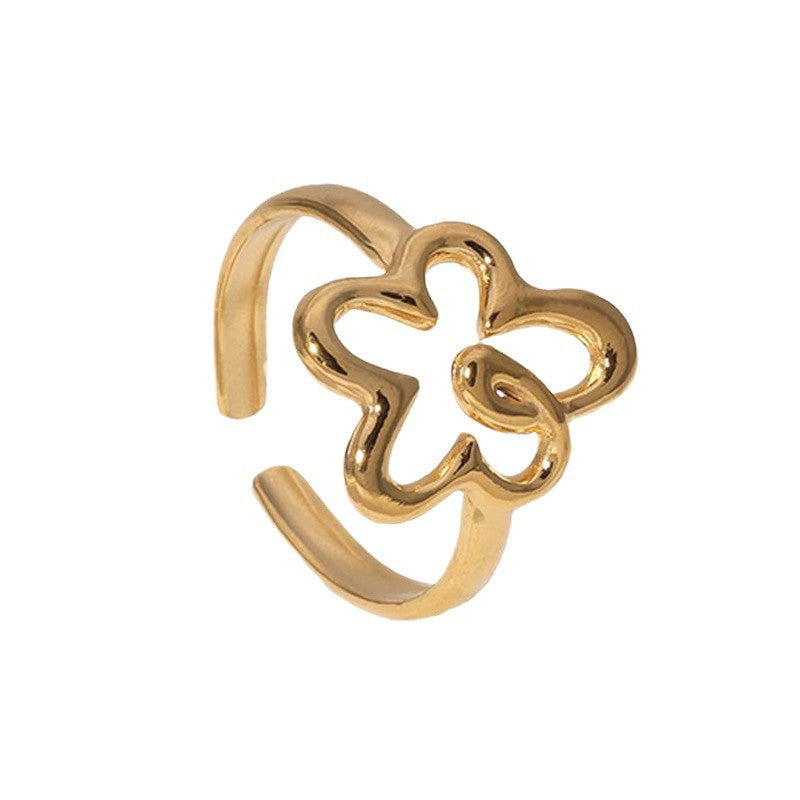 Sweet Minimalist Floral Plated Stainless Steel Open Ring for Women