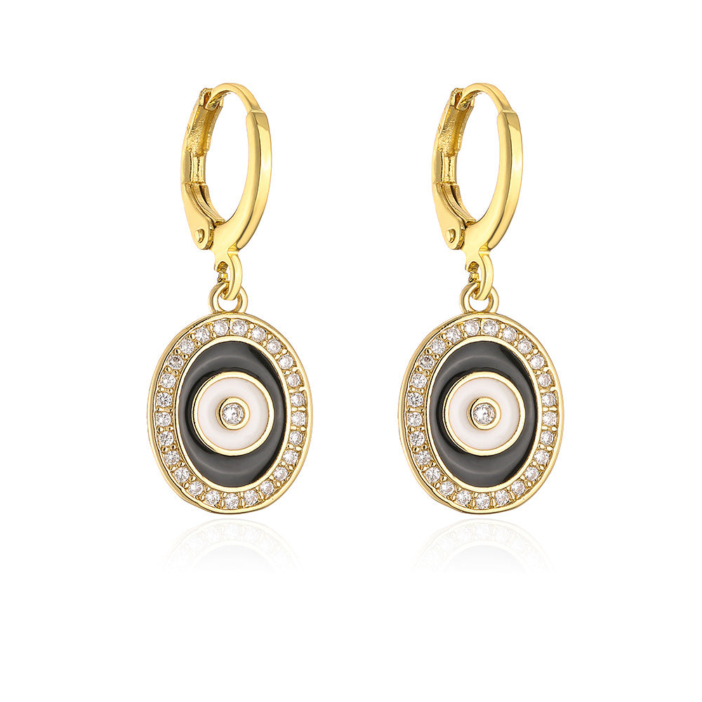 Fashionable Geometric Evil Eye Earrings for Women with Copper Base Plated in Real Gold and Zircon Inlay