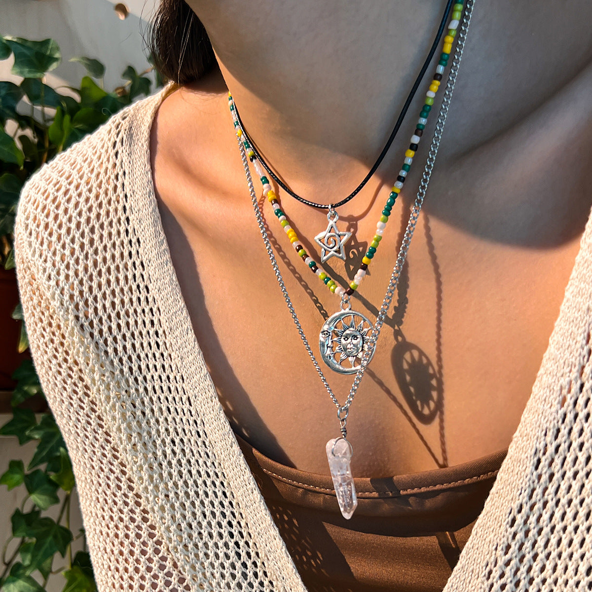 Vintage Baroque Pearl Star Teardrop Pendant Zinc Alloy Plated Multi-Layer Necklace for Women
