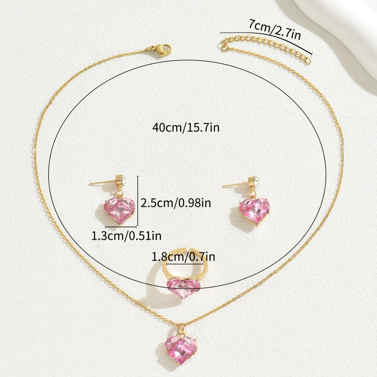 Conjunto de collar, pendientes y pulsera de cobre con circonitas incrustadas en forma de corazón para mujer