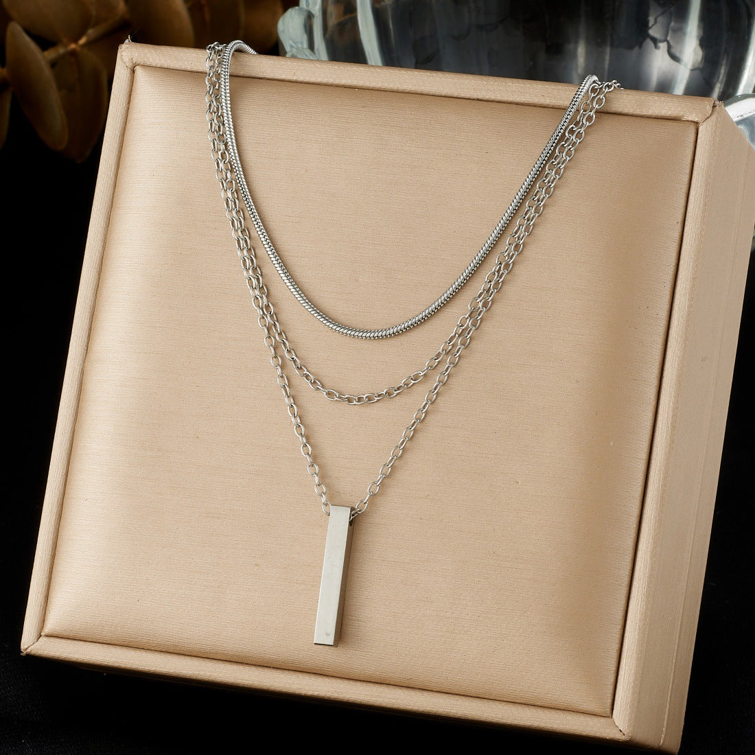 Minimalist Geometric Bar Pendant Gold Plated Stainless Steel Layered Necklace for Women