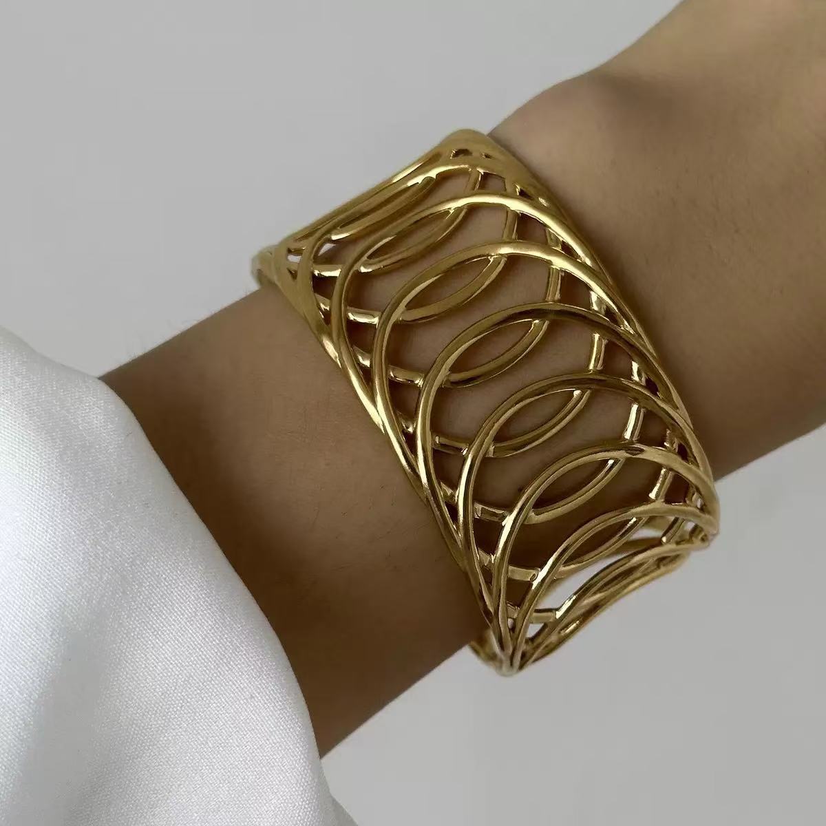 Fashion Geometric Textured Wave Pattern Plated Stainless Steel Wide Open Cuff Bracelet for Women