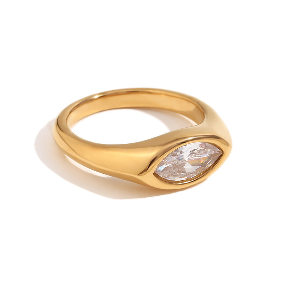 Anillo de Acero Inoxidable Geométrico Minimalista con Baño de Oro de 18K y Piedra de Zirconia Marquesa para Mujer